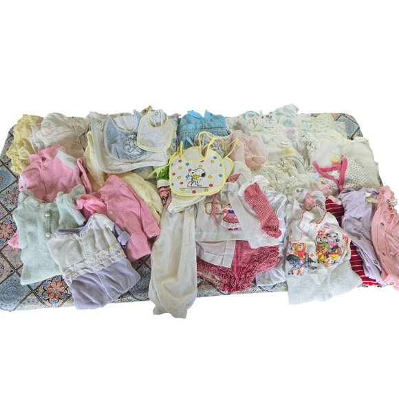 Vintage 90s Baby Bundle 42 Pieces Mixed Items Sizes Pastel Sleepers Bibs Sets - Picture 1 of 6